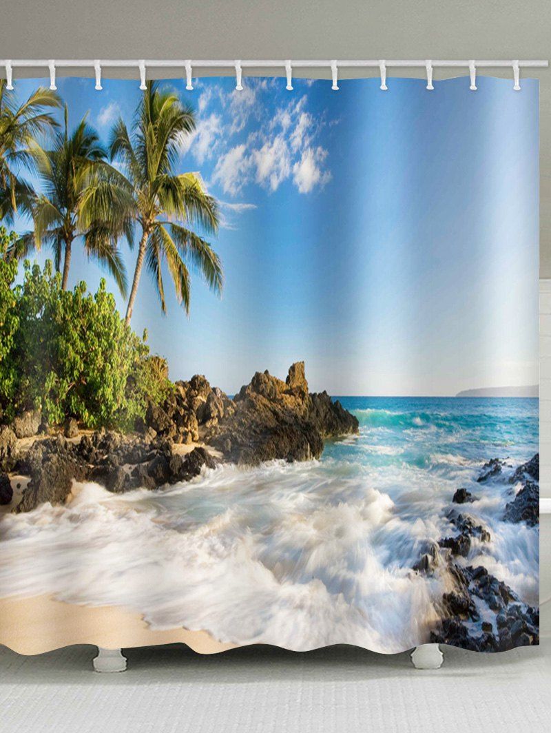 

Coconut Palm Sea Wave Printed Waterproof Bath Curtain, Multi