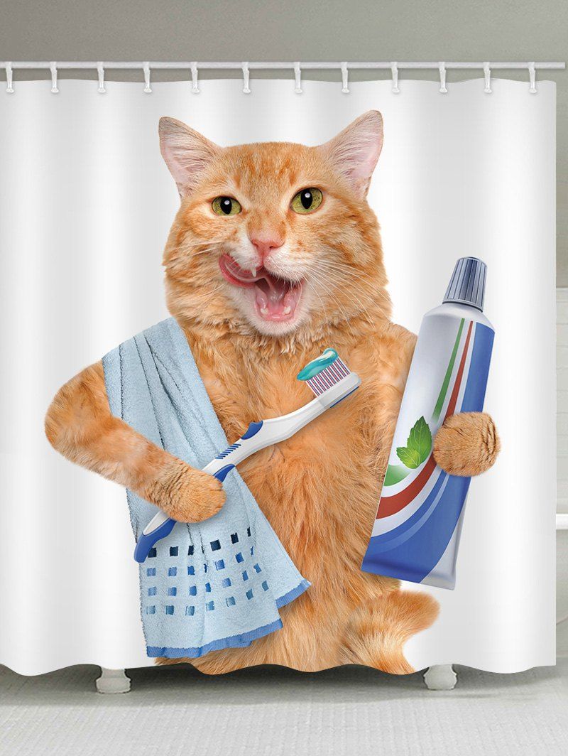 

Tooth Brushing Cat Printed Waterproof Bath Curtain, Multi