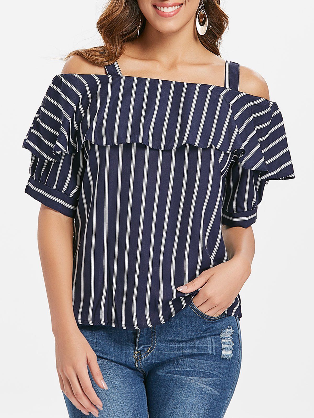 

Ruffle Cold Shoulder Top, Midnight blue