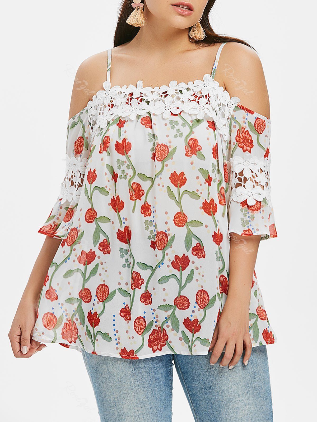 

Plus Size Flare Sleeve Cold Shoulder Blouse, White