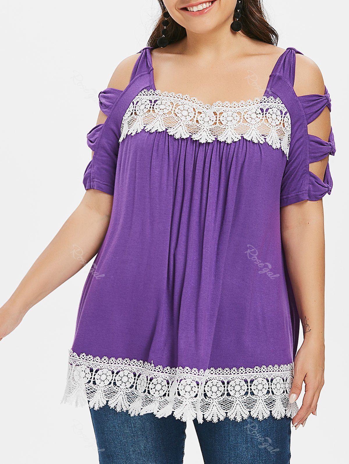 

Plus Size Ladder Cutout Square Neck T-shirt, Purple