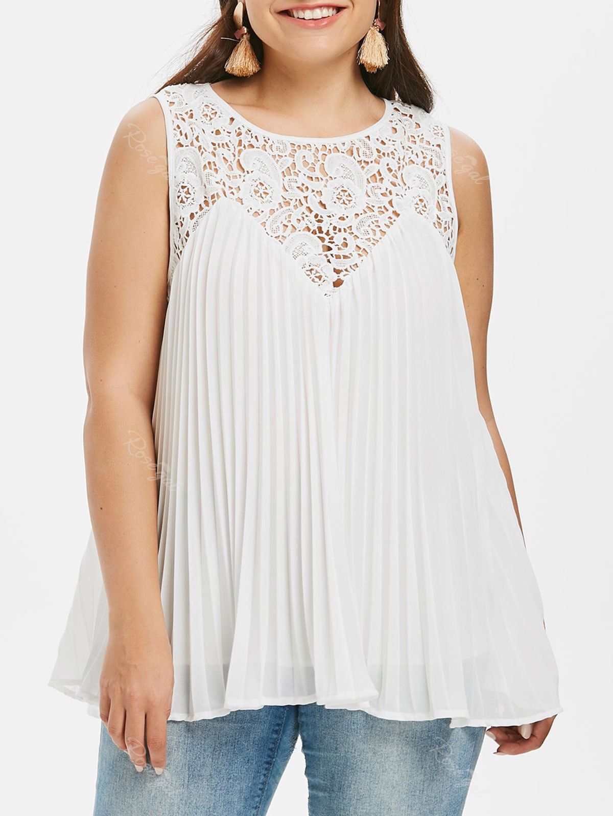 Plus Size Lace Yoke Pleated Tank Top, White