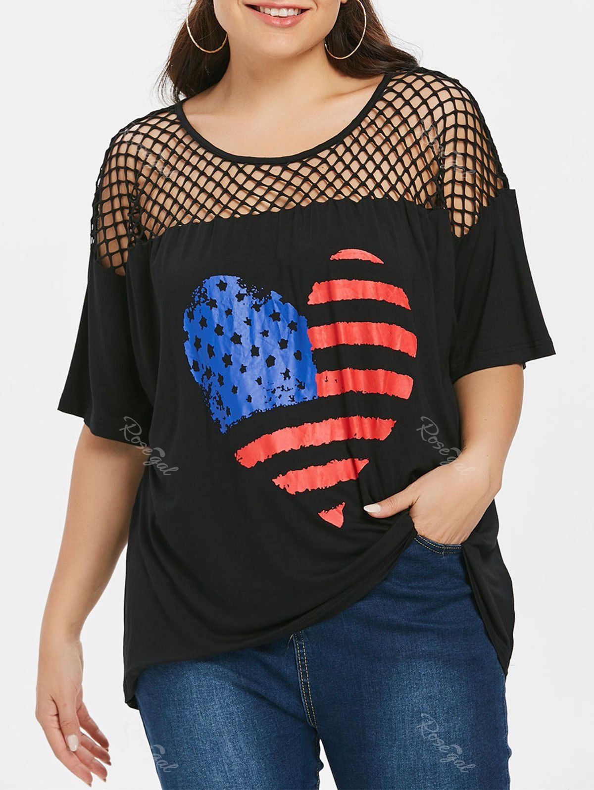 

Plus Size American Flag Fishnet Yoke T-shirt, Black