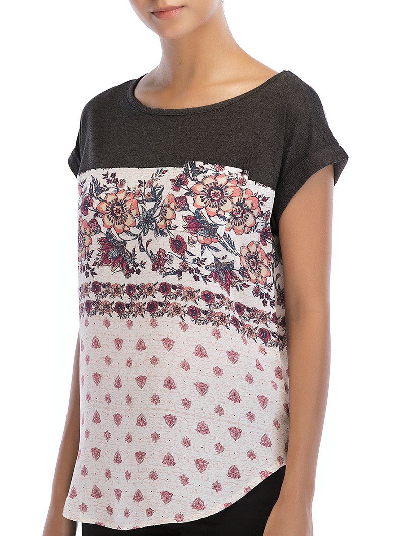 

Round Neck Flowers Print Basic T-shirt, Gray wolf