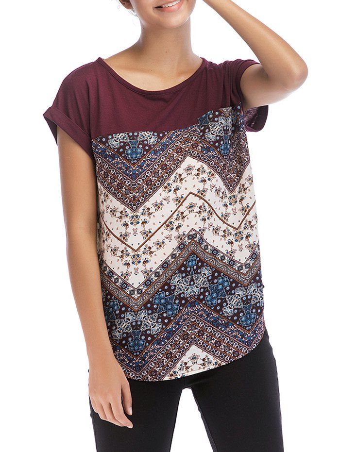 

Color Block Floral Print Casual T-shirt, Blood red