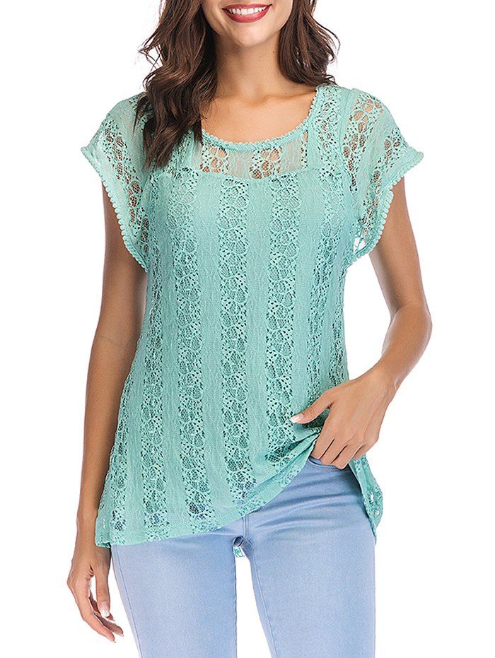 

Hollow Short Sleeve Lace Blouse, Macaw blue green