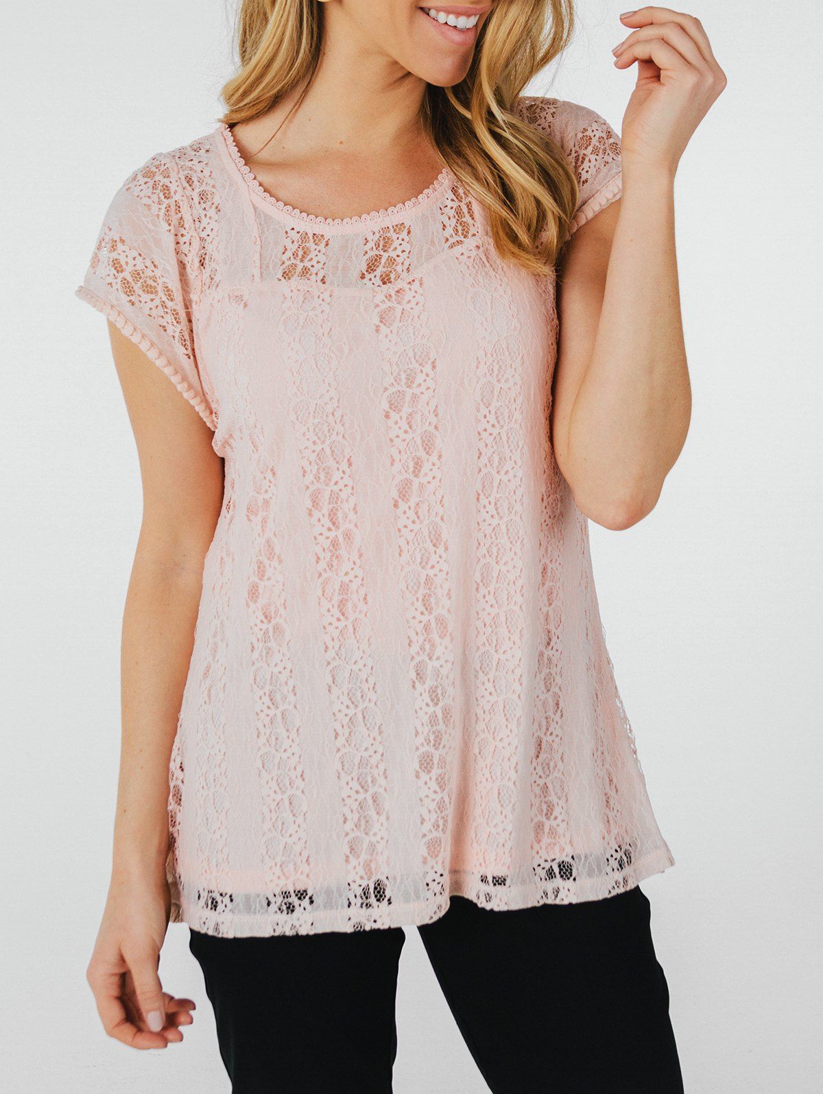 

Hollow Short Sleeve Lace Blouse, Light pink