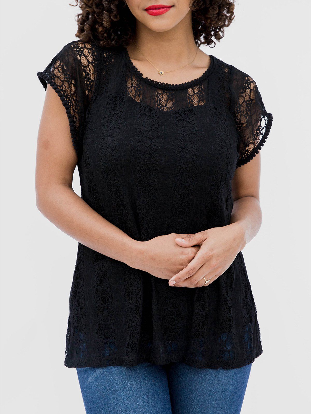 

Hollow Short Sleeve Lace Blouse, Black