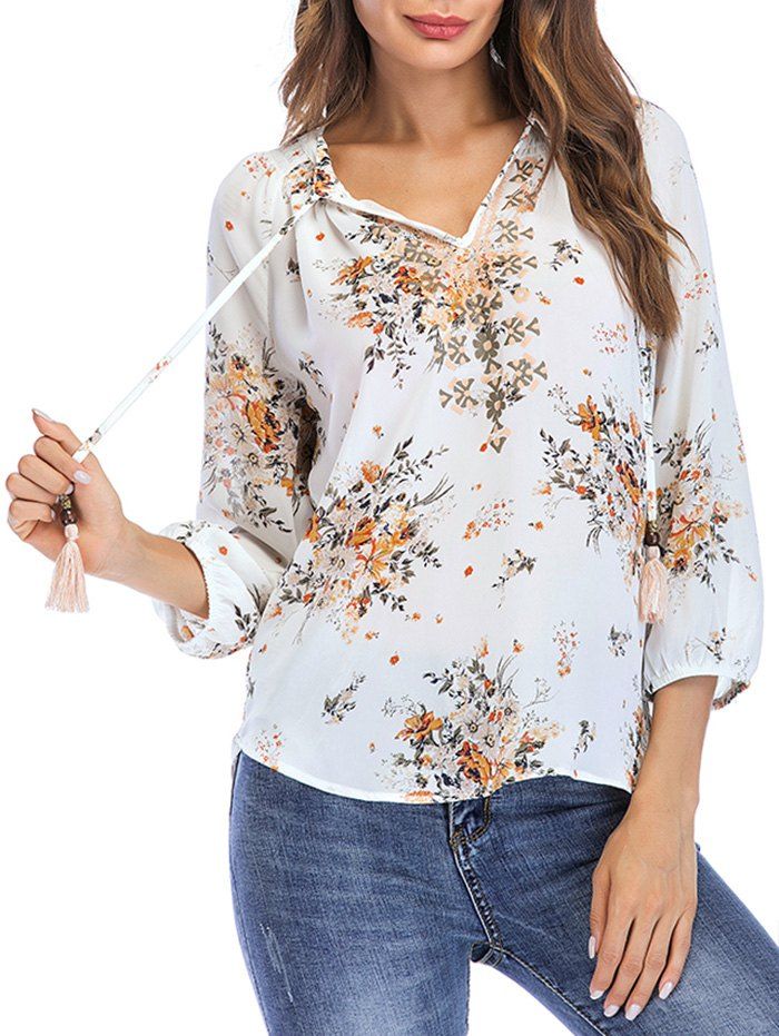 

Bow Tie Floral Print Summer Blouse, White