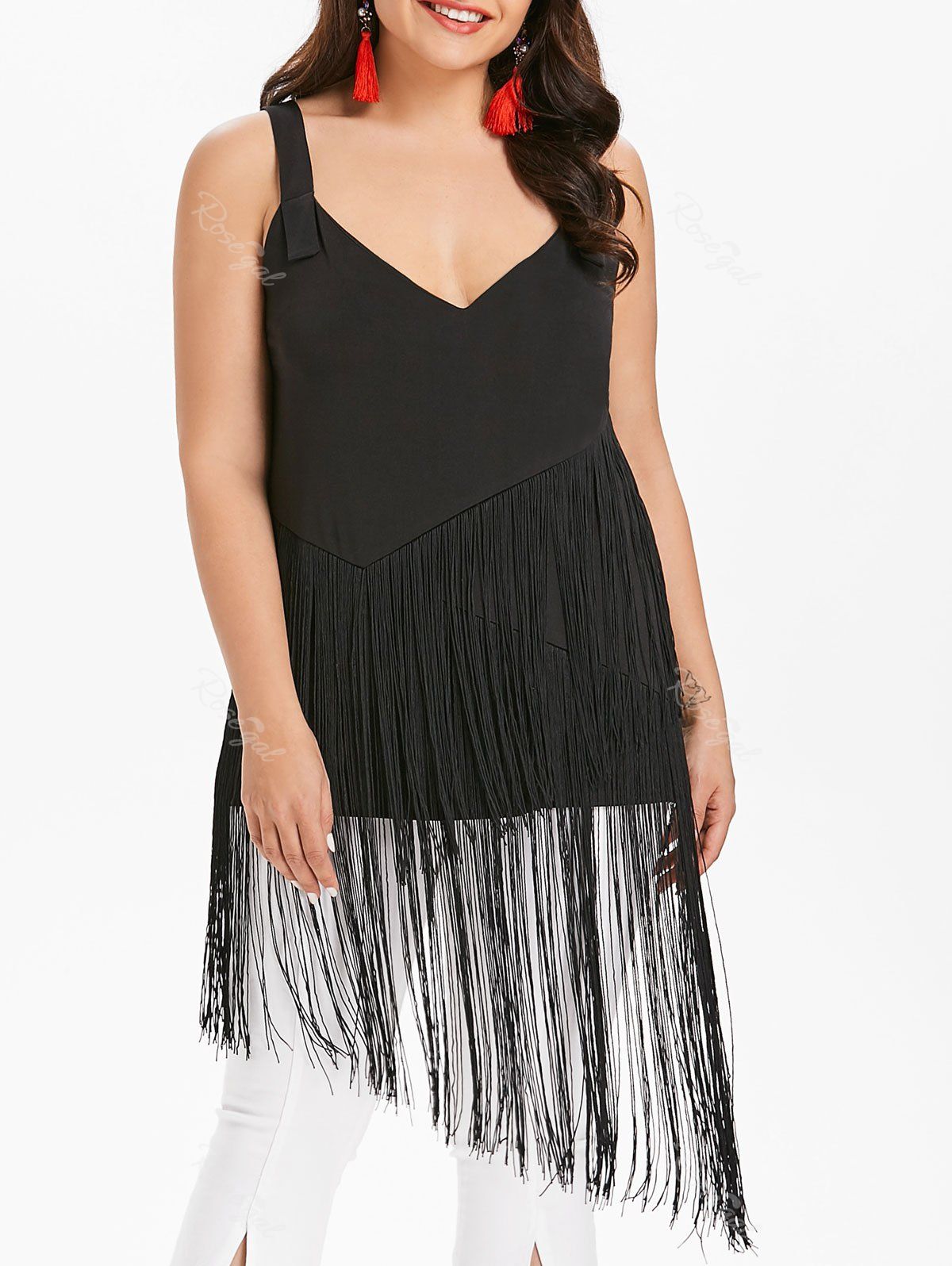 

Plunging Neck Plus Size Fringe Insert Top, Black