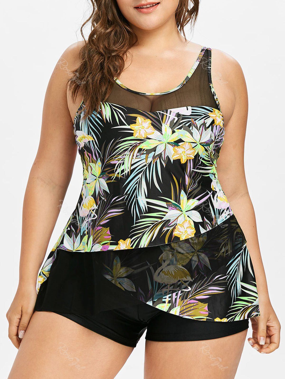 

Plus Size Flamingo Flower Tulip Tankini Set, Corn yellow