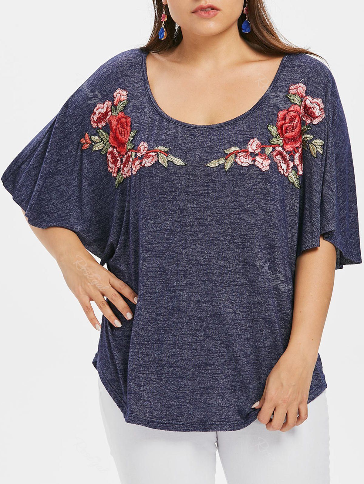 

Plus Size Embroidered Dolman Sleeve T-shirt, Dark gray