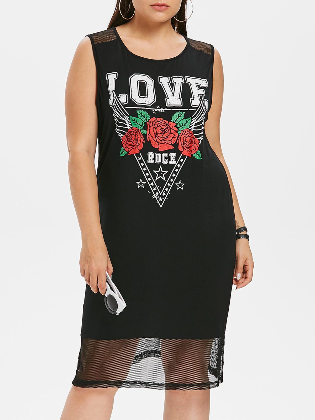 

Mesh Panel Plus Size Letter Print Dress, Black