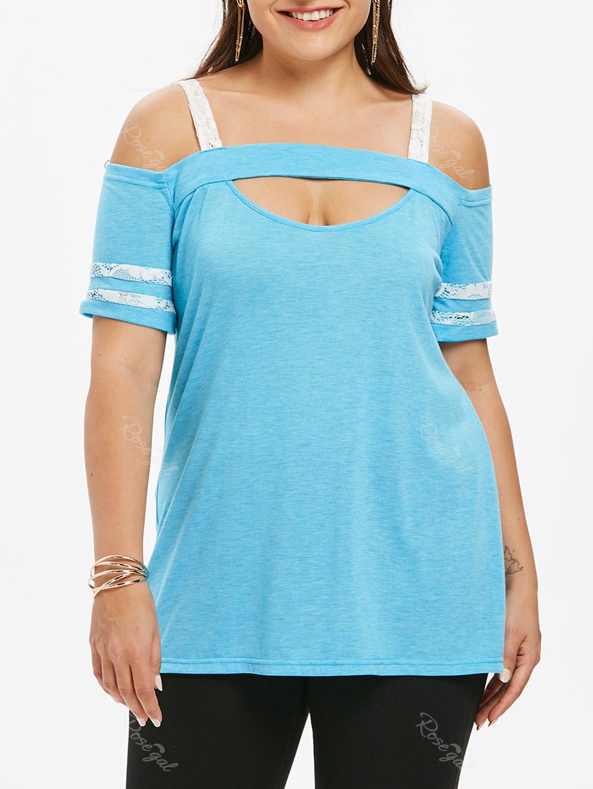 

Cut Out Plus Size Cold Shoulder T-shirt, Light sky blue