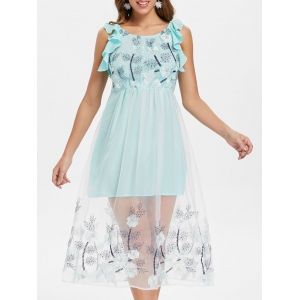 

Mesh Insert Floral Embroidery A Line Dress, Baby blue