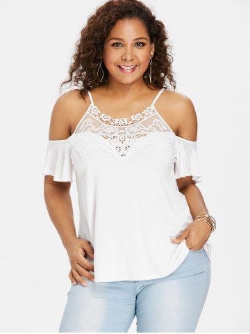 

Plus Size Cold Shoulder Lace Trim Blouse, White