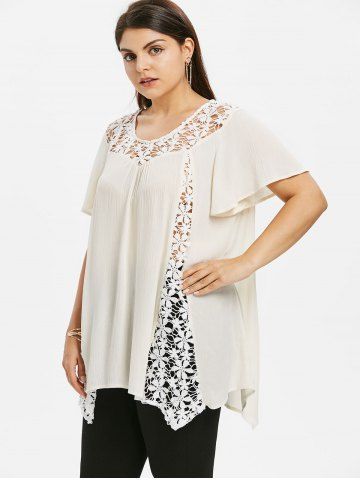 

Plus Size Cutwork Lace Swing T-shirt, Beige