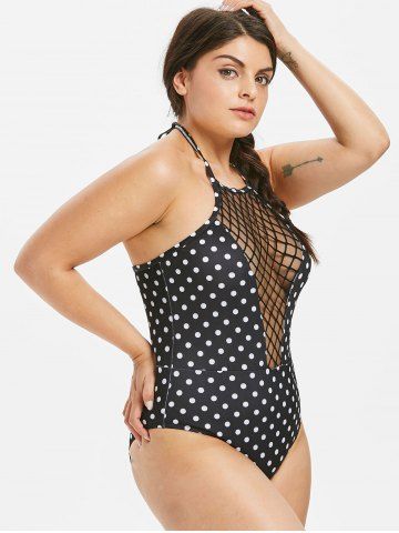 

Plus Size Polka Dot Fishnet Panel One Piece Swimsuit, Black