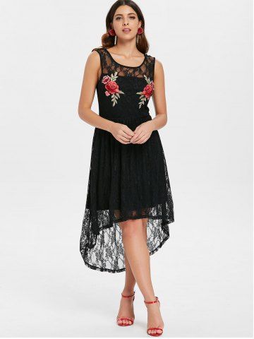 

Flowered Embroidery High Low Lace Dress, Black