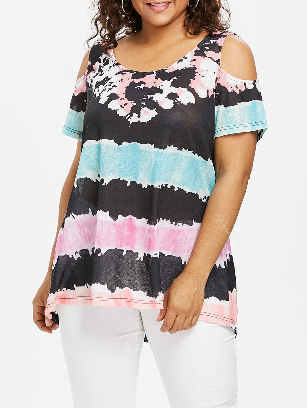 

Open Shoulder Plus Size Color Block T-shirt, Multi