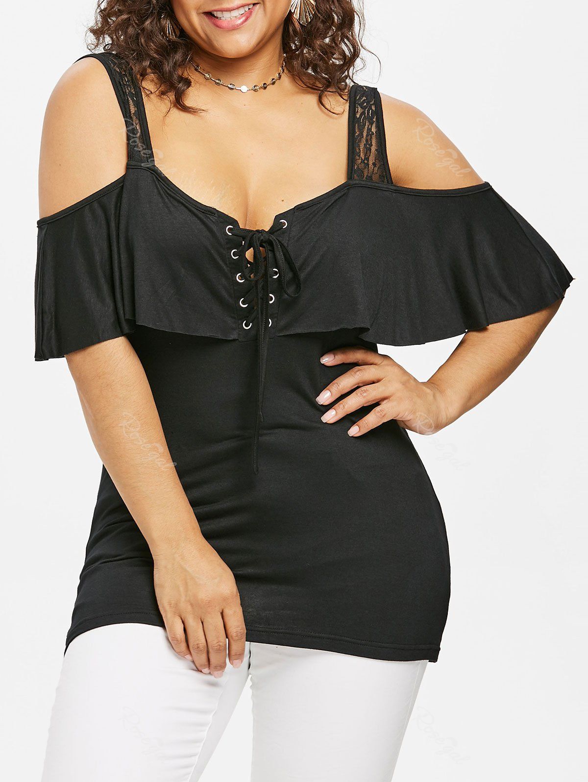 

Plus Size Lace Up Overlay T-shirt, Black