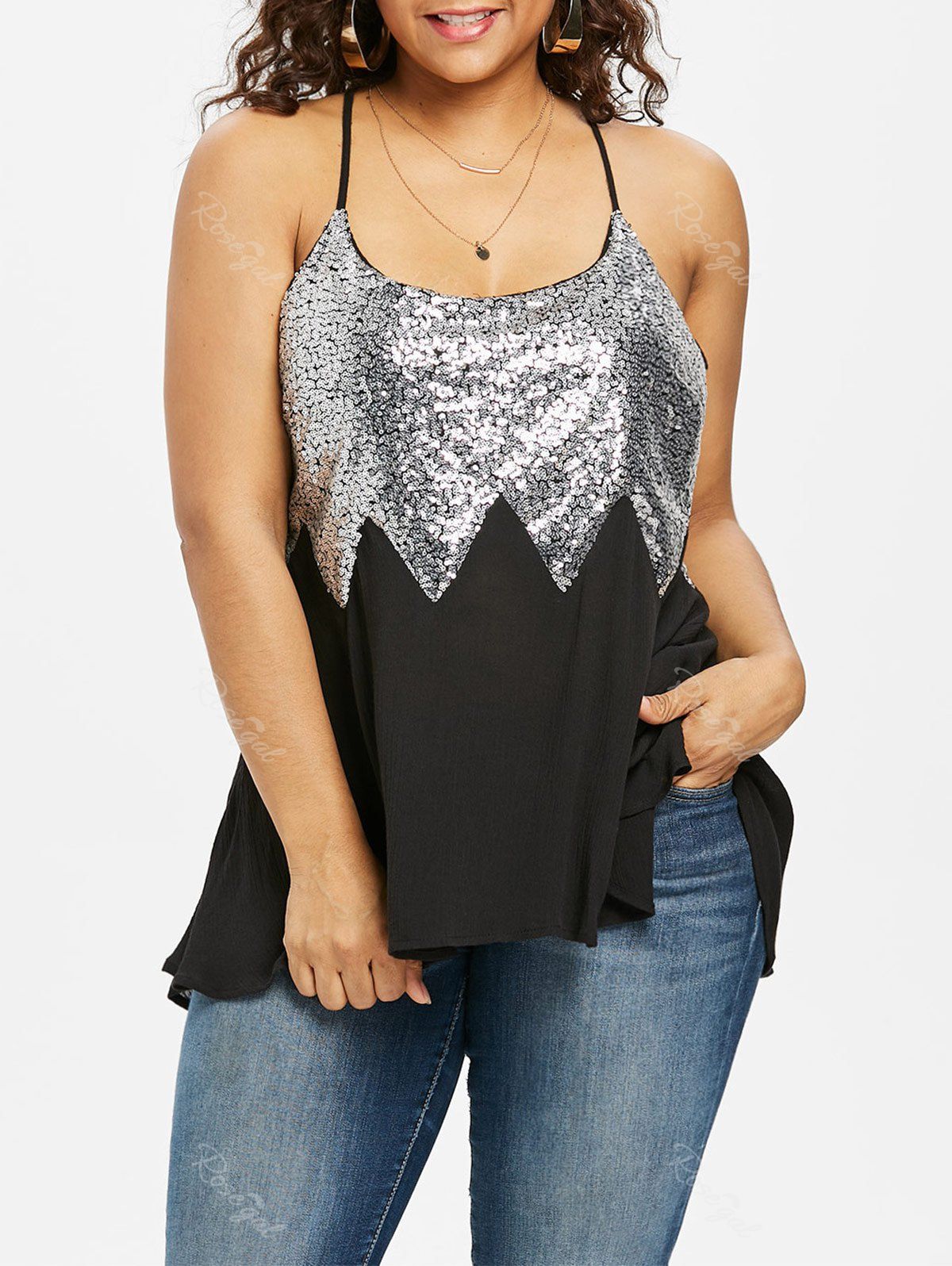 

Plus Size Lace Trim Racerback Sparkly Tank Top, Black