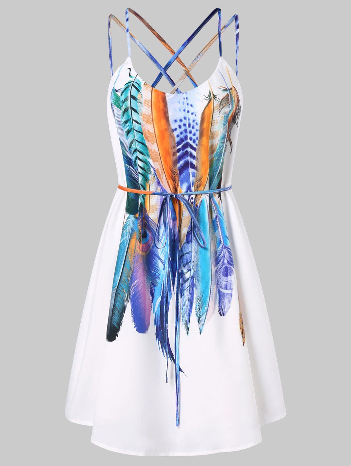 

Feathers Print Slip Dress, White