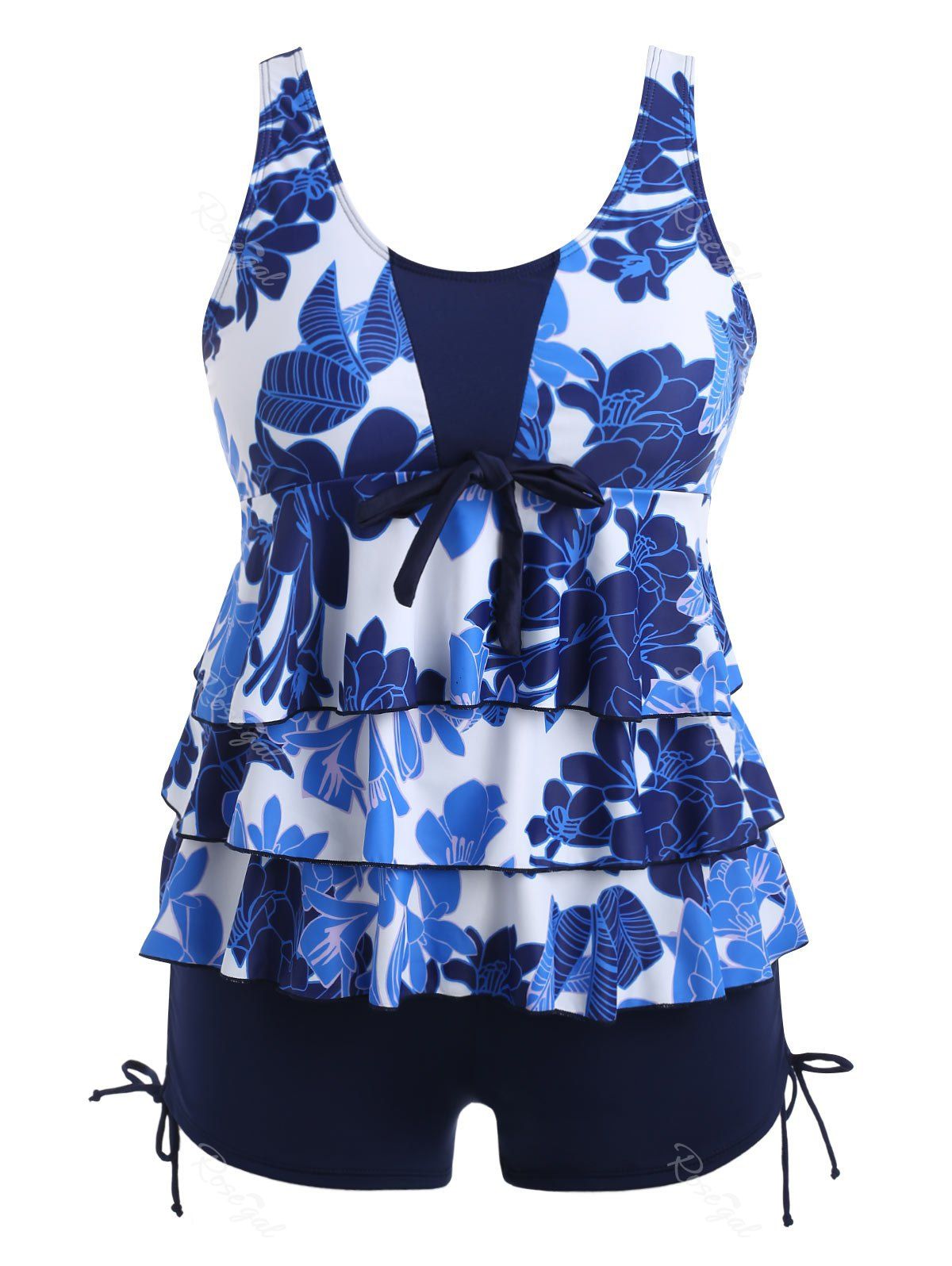 

Plus Size Floral Tiered Tankini Set, Cobalt blue