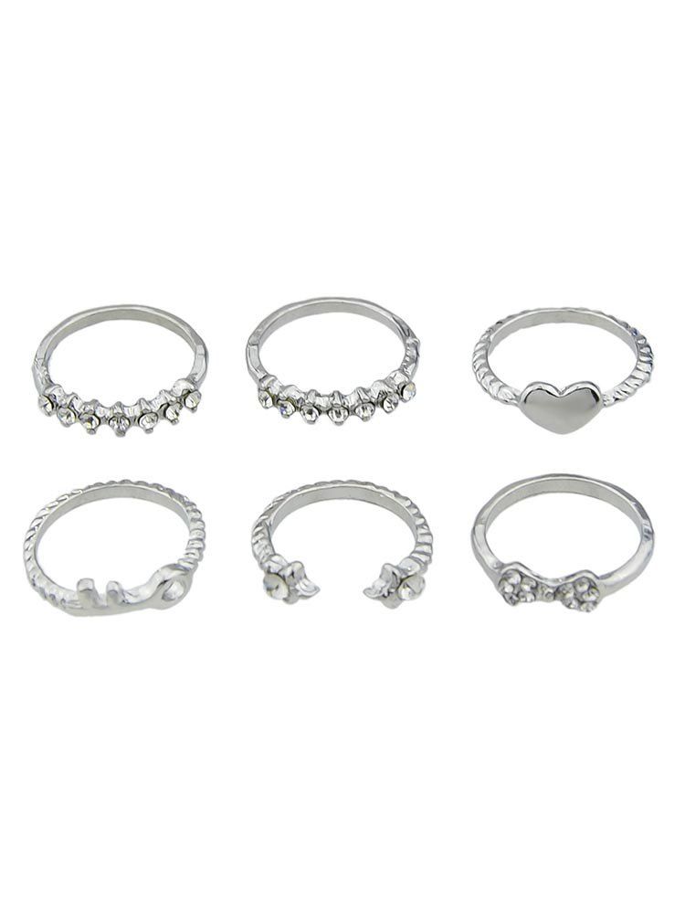 

Heart Shaped Rhinestone Decoration Ring Set, Silver