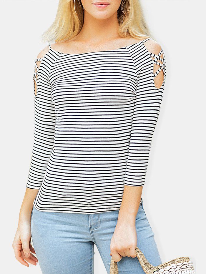 

Stripe Cold Shoulder Fit Top, Black