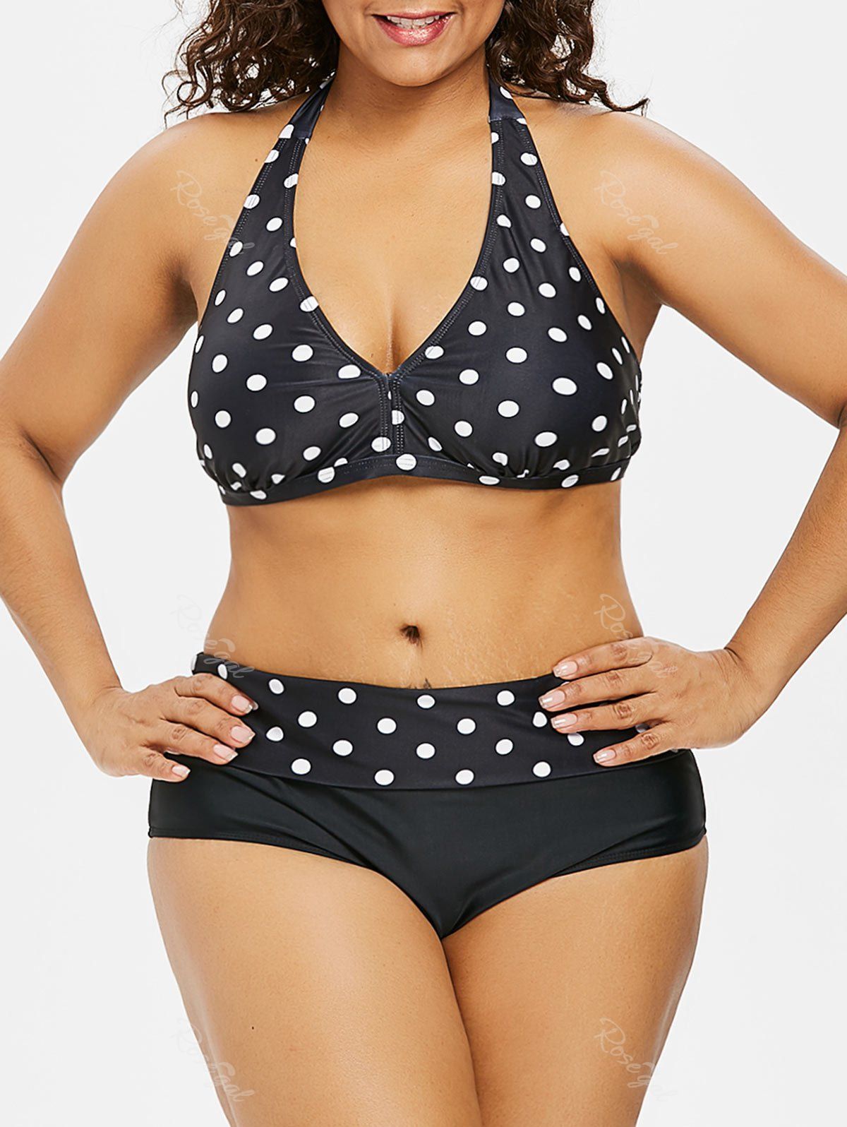 

Polka Dot Halter Plus Size Bikini Set, Black