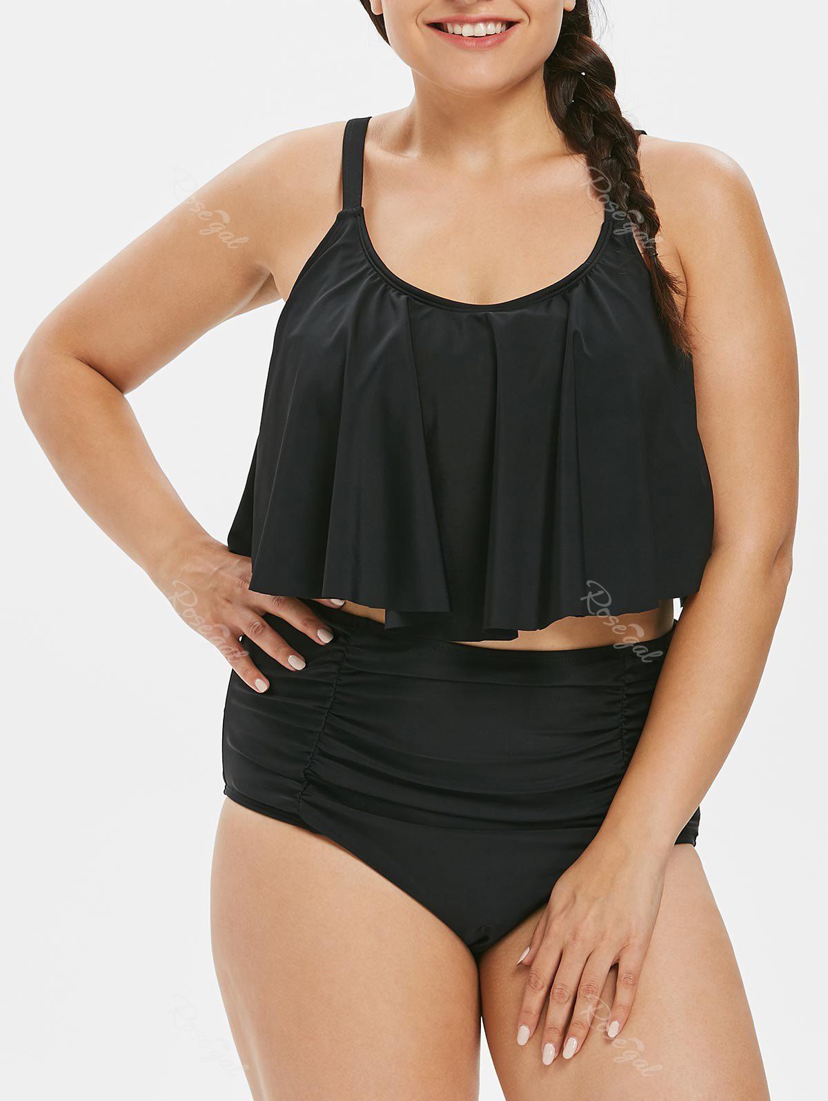 

Plus Size Ruched Flounce Bikini Set, Black