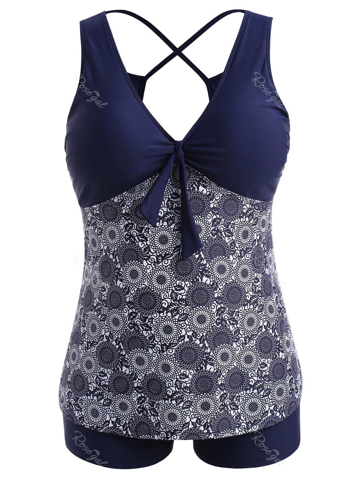 

Plus Size Flower Plunging Tankini Set, Midnight blue
