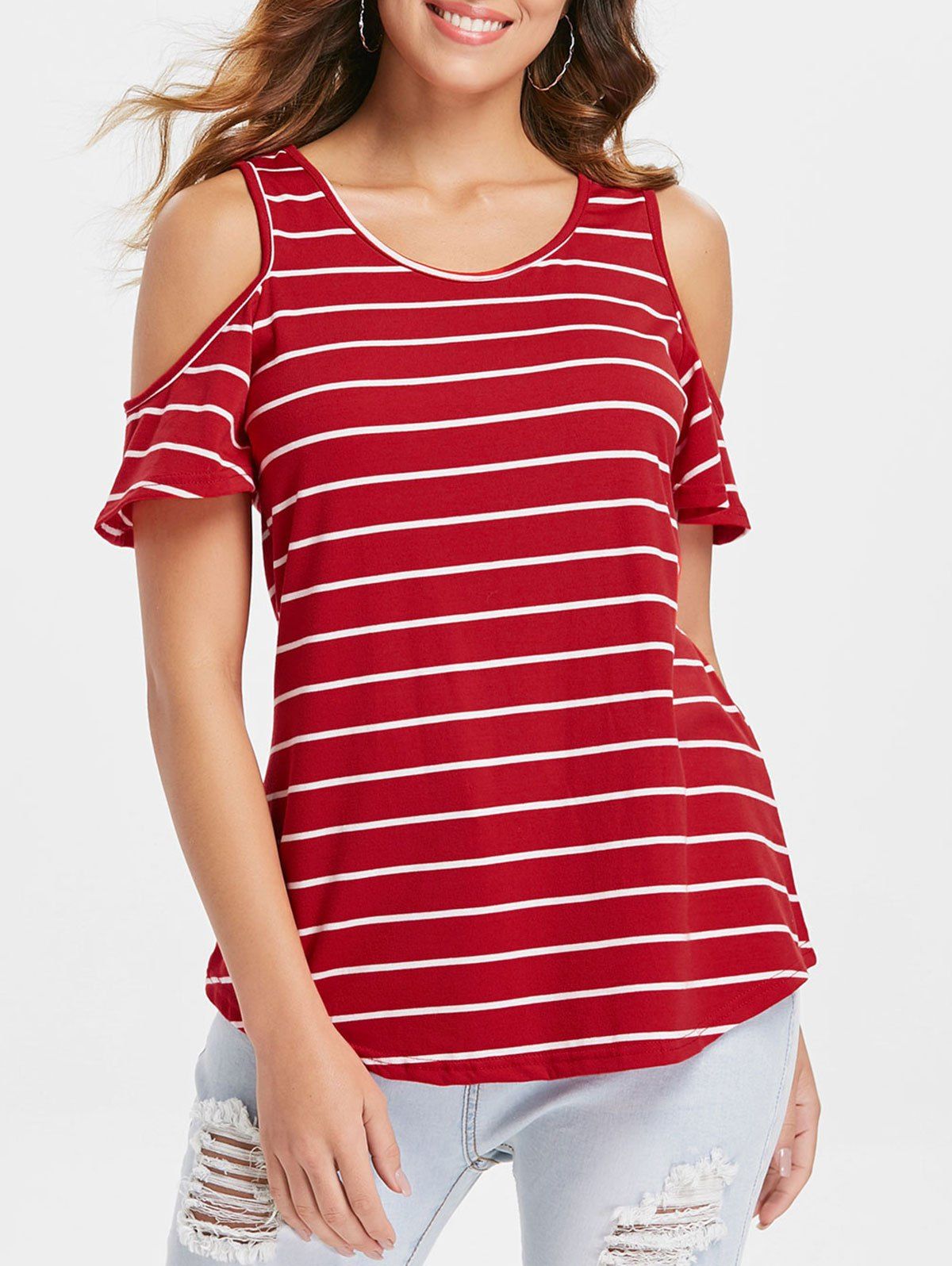 

Striped Cold Shoulder Plain T-shirt, Red