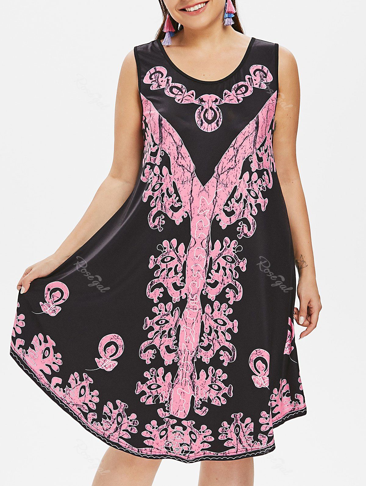 

Plus Size Sleeveless Tribal Print Dress, Black