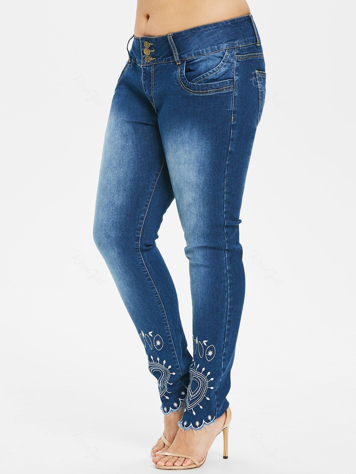 

Plus Size High Waist Embroidery Jeans, Denim dark blue