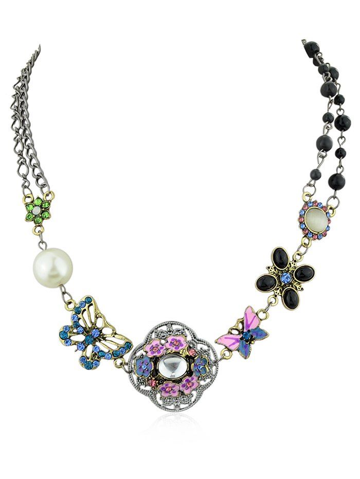 

Flower Butterfly Design Faux Pearl Rhinestone Necklace, Silver