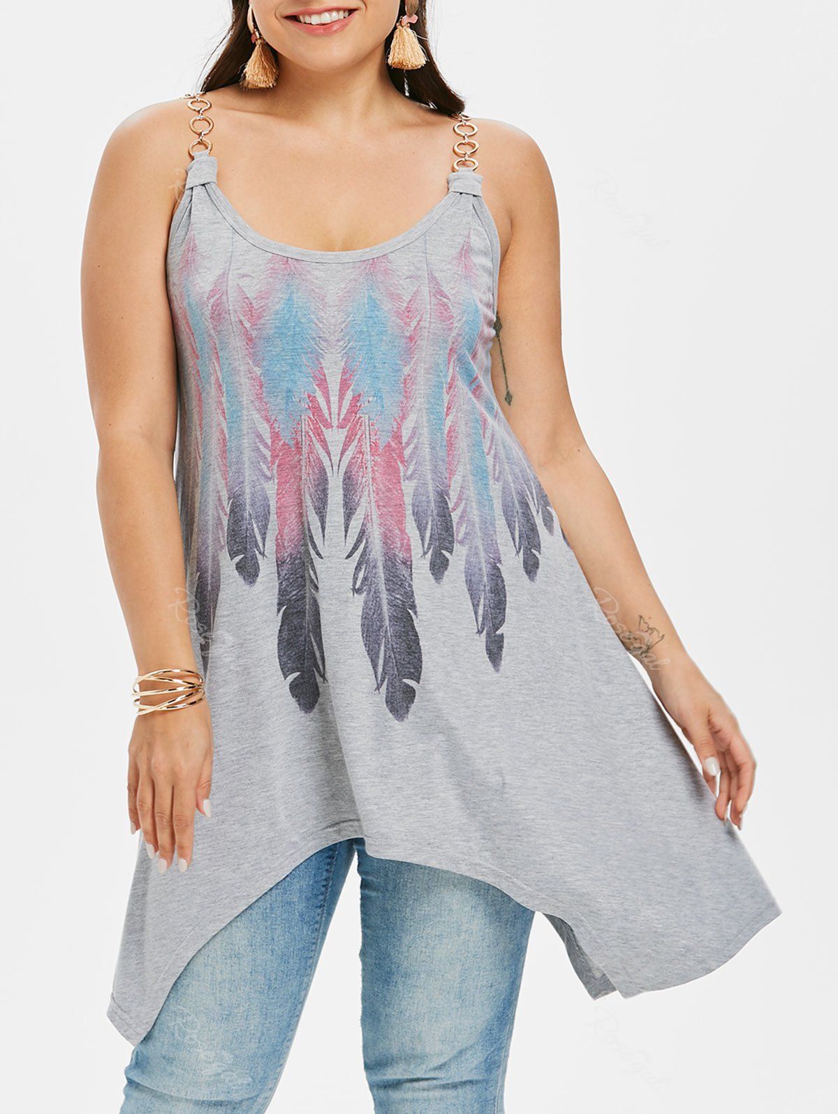 

Plus Size Chains Embellished Feather Print Tank Top, Light gray