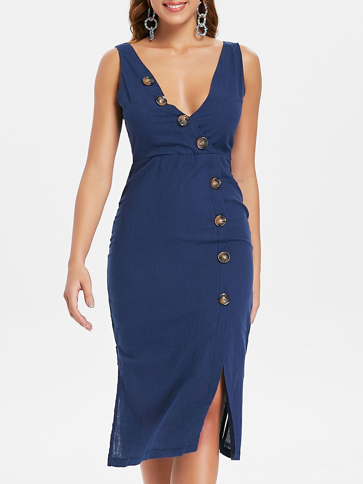 

Button Embellished Plunge Backless Dress, Blue