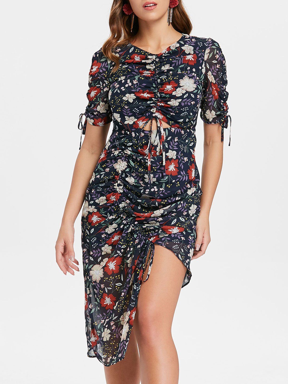 

Floral Ruched Cut Out Dress, Multi