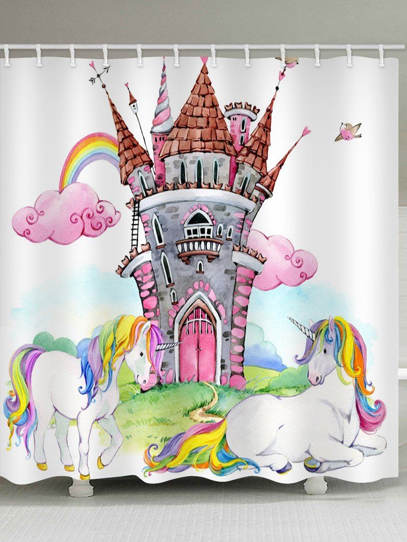 

Unicorn Rainbow Castle Printed Waterproof Bath Curtain, Multi