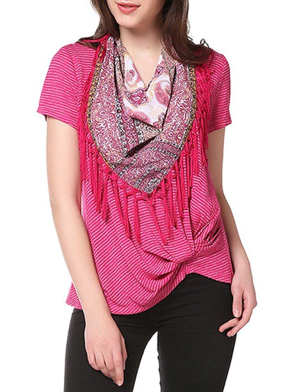 

Knotted on Hemline Tee with Matching Scarf, Hot pink