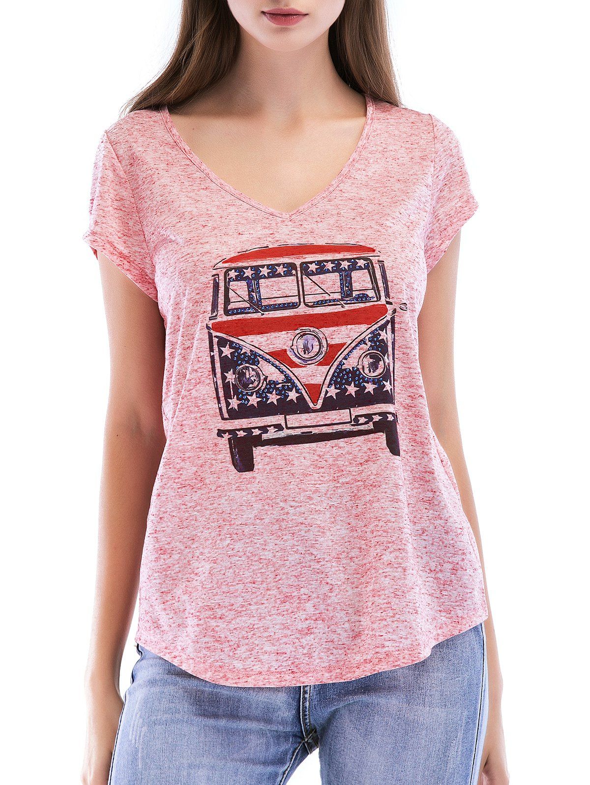 

Bus Print V Neck Graphic T-shirt, Light pink