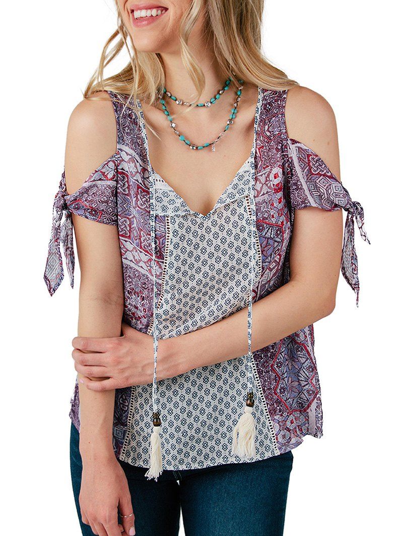 

Bow Tie Sleeve Printed Casual Blouse, Multi-a