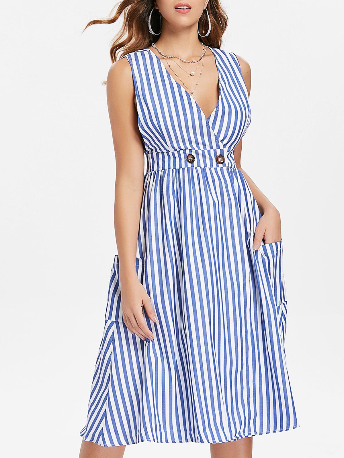 

Low Cut Striped A Line Dress, Blue