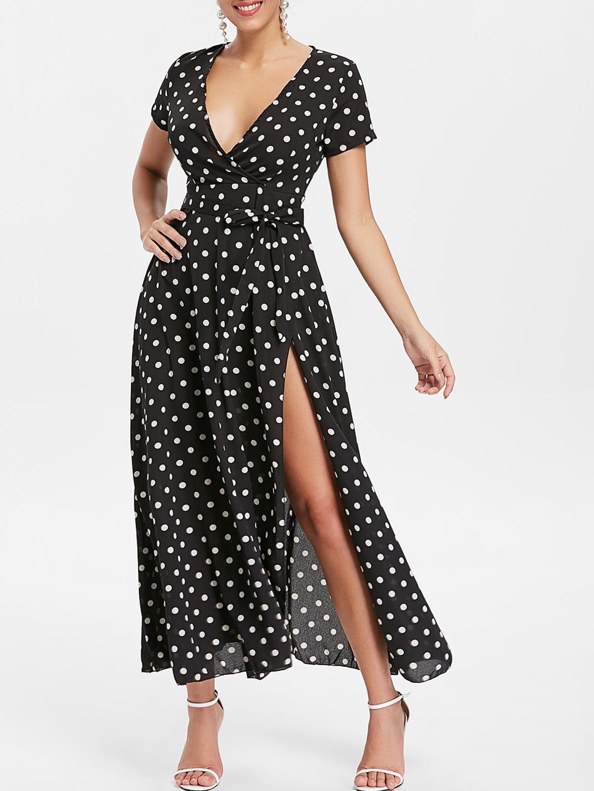 

Polka Dot Long Surplice Dress, Black