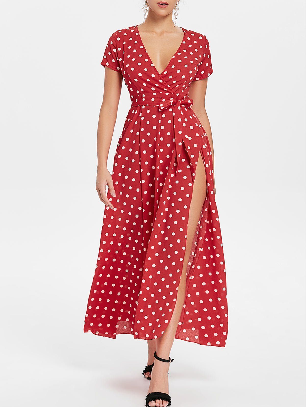 [46% OFF] Polka Dot Long Surplice Dress | Rosegal