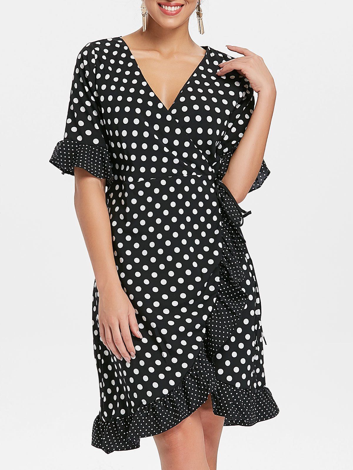 

Bell Sleeves Dotted Flounce Dress, Black