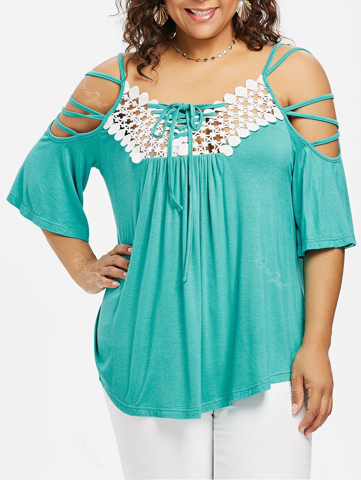 

Rosegal Plus Size Open Shoulder Strappy T-shirt, Medium turquoise