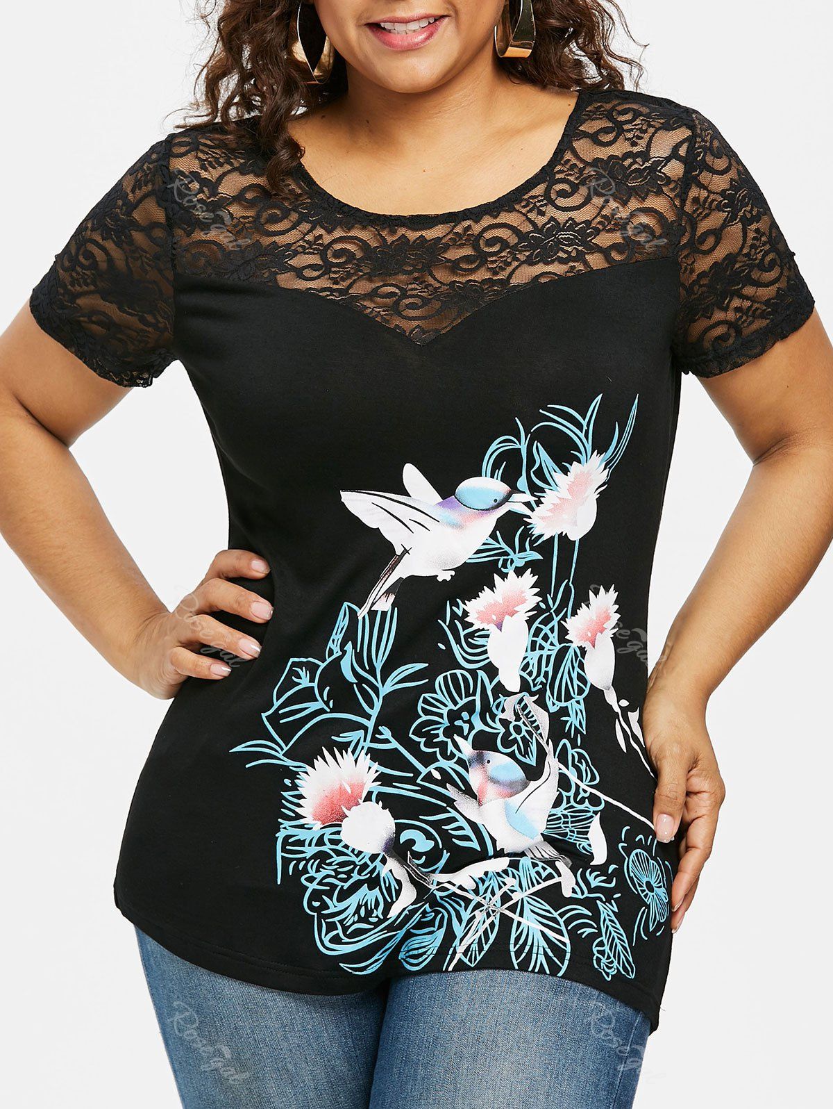 

Plus Size Bird Pattern Slim Fitting T-shirt, Black